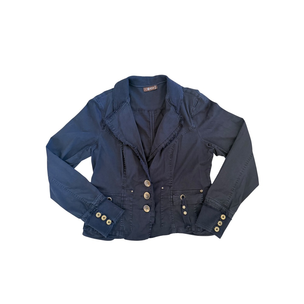 XCVI Women Navy Blue Cotton Utility Blazer Jacket Raw Edge Frayed Size L
